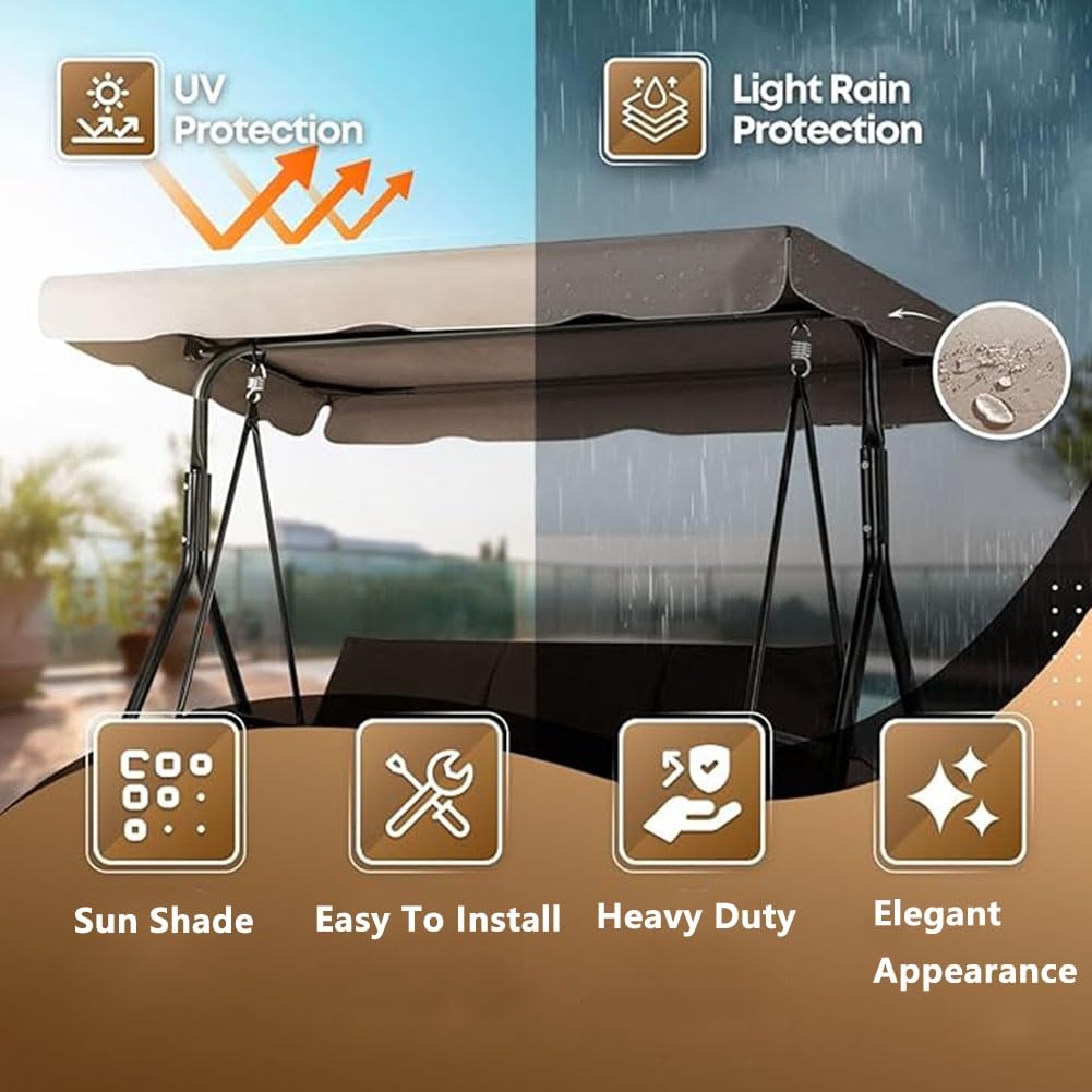 Toit de Rechange pour Balançoire Extérieur, 2 3 Places Couverture Supérieure pour Balancelle de Jardin en Polyester Imperméable 210D pour Patio(Khaki,169x120x14cm/66x47x5inch)