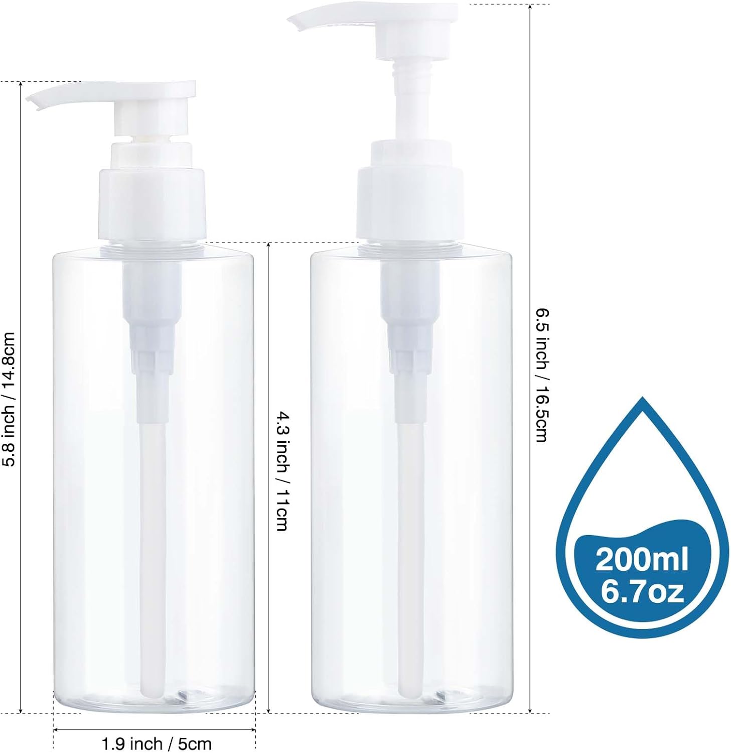 Plastic Pump Bottle Dispenser, BPA-Free Clear Refillable Empty Containers,2 Pack Cylindrical Hand Pump Bottles Dispenser for Shampoo, Lotion, Body Wash, Conditioner, Creams and Toiletries