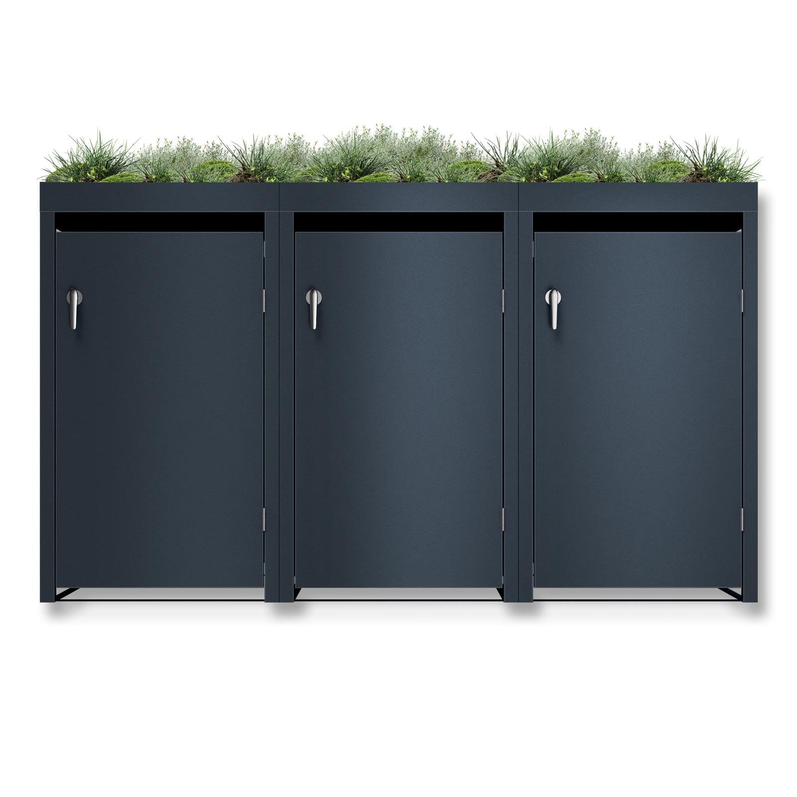Metzler Mülltonnenbox in Anthrazit mit Pflanzdach 3er 240L, Mülltonnenverkleidung 3 Tonnen, witterungsbeständiger und pulverbeschichteter Stahl mit Automatikdeckel, abschließbar, Garten- und Müllbox