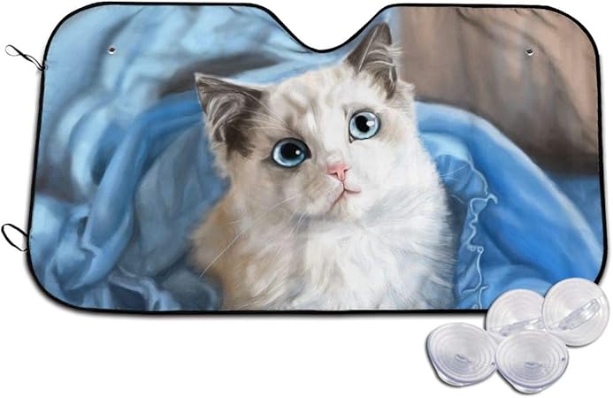 Amazon かわいい ラグドール 猫 絵画 車用 フロント サンシェード 強力断熱 Uvカット 軽量 コンパクト 日よけ フロントシェード 軽自動車 吸盤2個 車 バイク 車 バイク