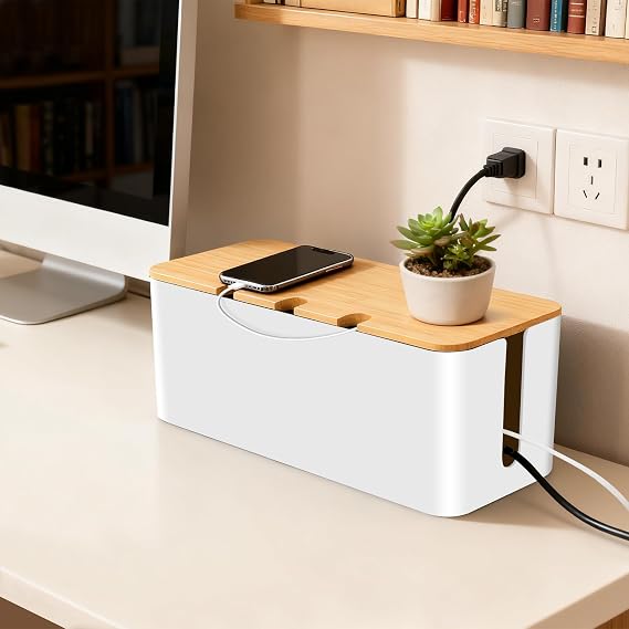 Cable tidy box, Cable management box, 3 Cable Storage Box with Bamboo Lid for Hiding Messy Cables Storage Organising Management Desk TV Computer USB Hub Strips Cords, Wire Management, White