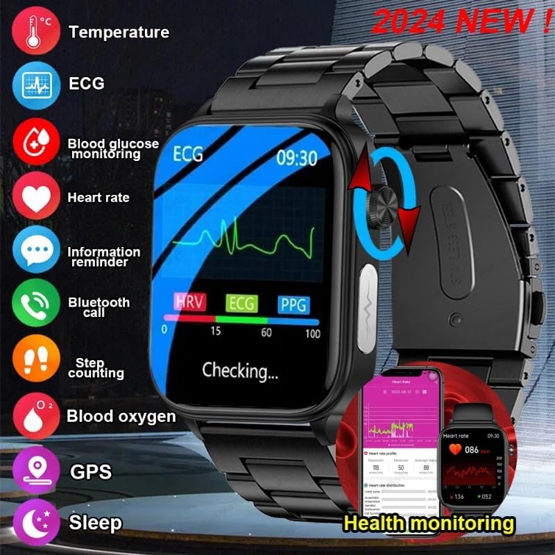 Smartwatch displaying various health and fitness icons including temperature, ECG, blood glucose, heart rate, information reminder, Bluetooth call, step counting, blood oxygen, GPS, and sleep