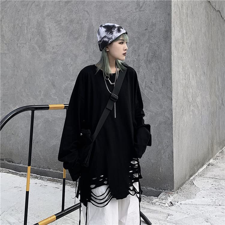 Women Men Y2K Grunge Distressed Ripped Alt Cool Sweatshirt Korean Harajuku Punk Emo Hollowed Out Fall Winter Pullover4