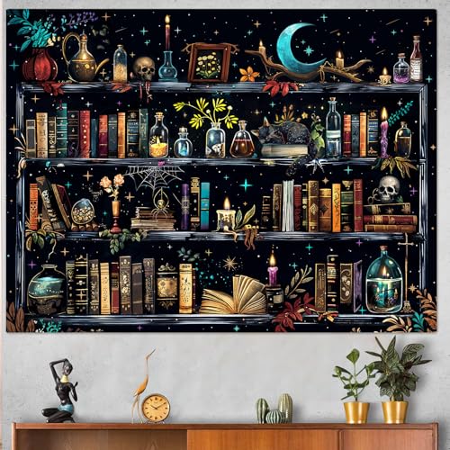 Accnicc MBST81L Magic Bookshelf Tapestry Magical Witchy Potion Dark Hippie Haloween Tapestries Wall Hanging Gothic Skull Black Cat Library Book Tapestry thumb #2