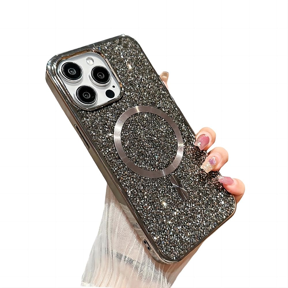 YAOZOCASE for iPhone Case,Luxury ElectroPlated Frame Glitter Sparkle Sparkly Rhinestone [Compatible with MagSafe] Soft Shockproof Phone Case (Grey,