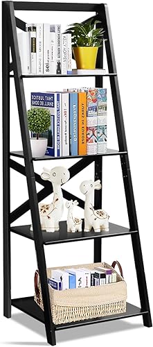 Miniatura 11 de Estantería de escalera de 4 niveles, estante de exhibición de plantas inclinadas, estantería moderna de madera para decoración de madera, estantes