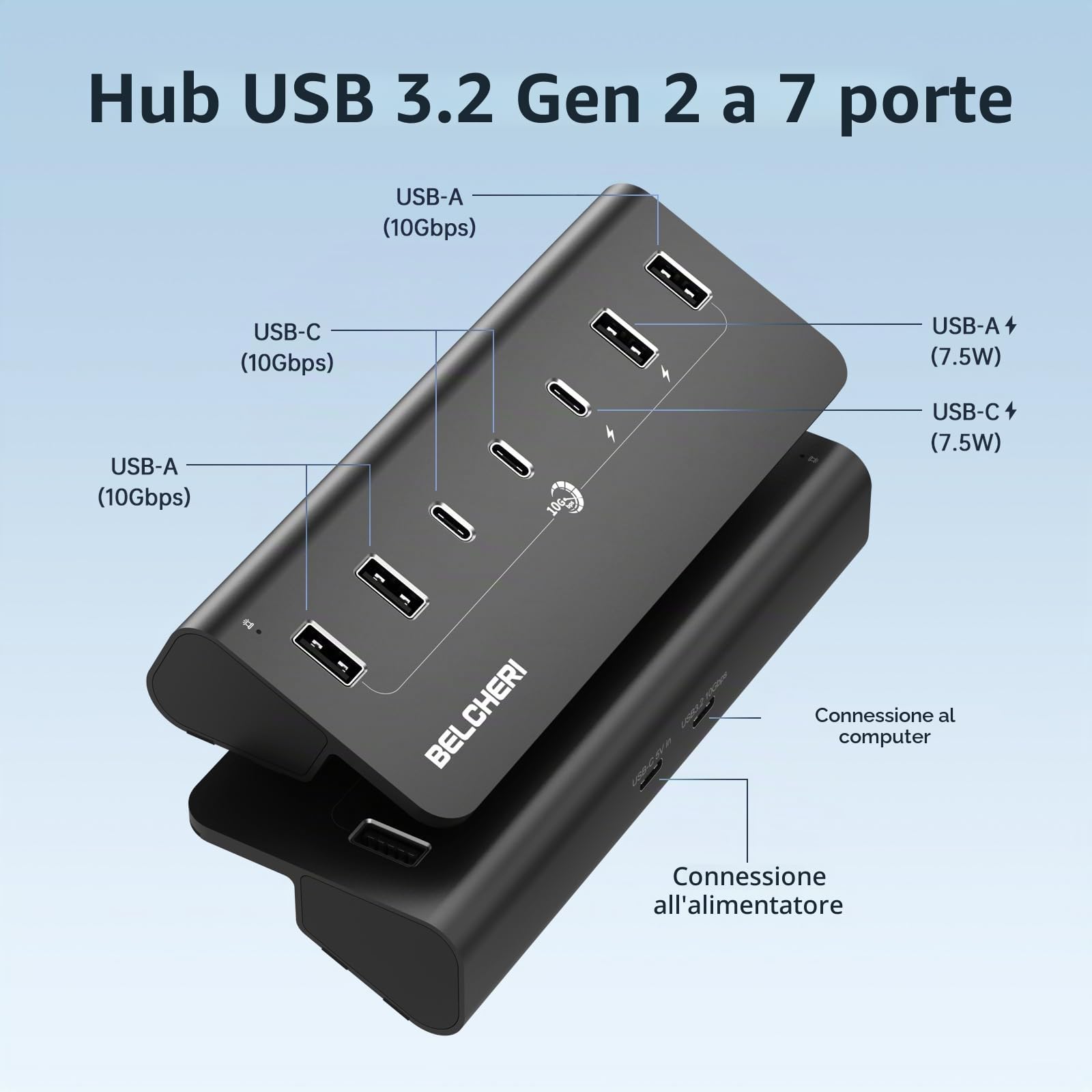 Hub USB C a 7 porte con alimentatore, USB 3.2 Gen 2, 10 Gbit/s ad hub, splitter di prolunga in alluminio con alimentatore da 5 V 3 A, 3 porte USB C e 4 porte USB-A, supporta la ricarica BC1.2
