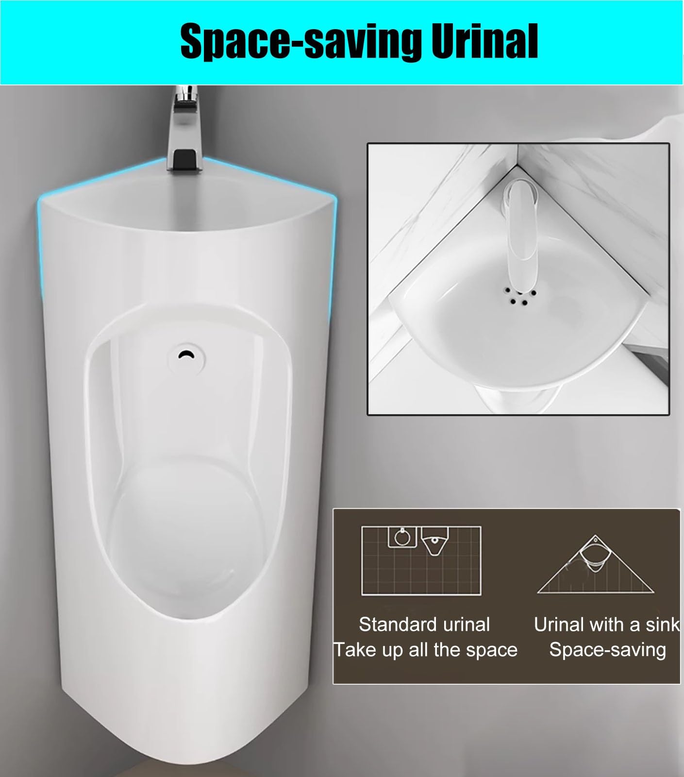 Ceramiczne Pisuary Ścienne 2 W 1 Dla Mężczyzn Z Rurą Odpływową Podłogową Oraz Zestawem Do Mycia Rąk I Spłukiwania, Komercyjny(Silver faucet)