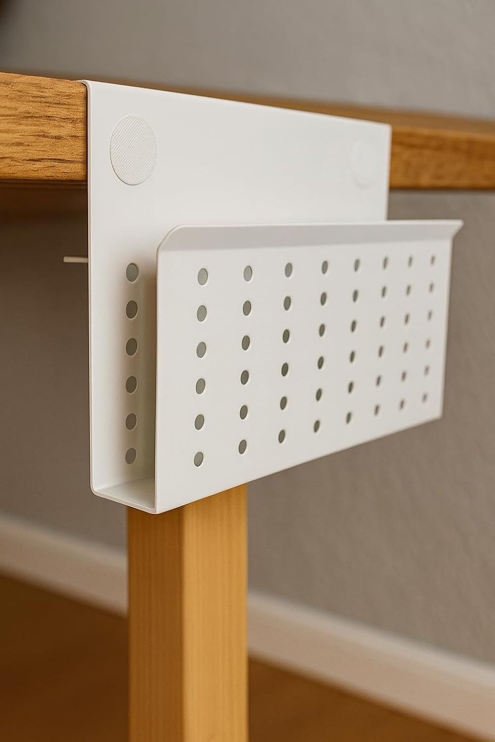 Desk Side Mount Laptop Holder (White) - No Drill Steel Hanging Organizer for Office & Home - Under Desk Storage