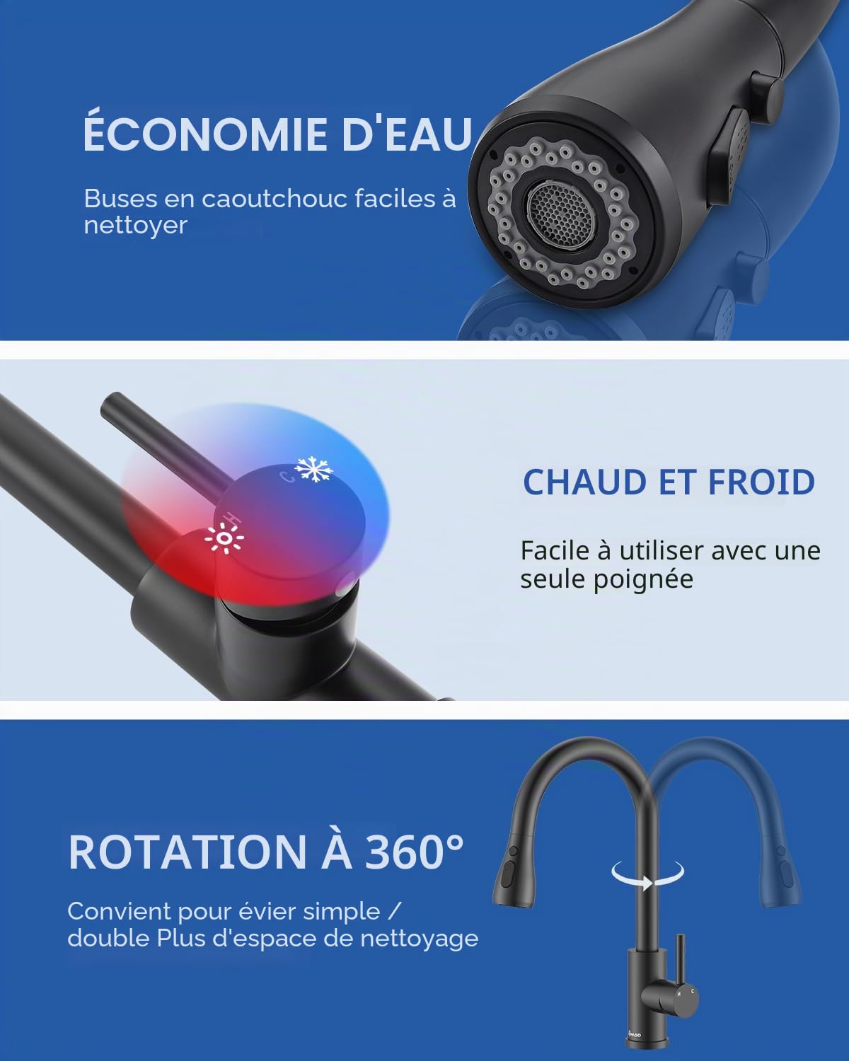 APPASO Robinet de cuisine noir avec douchette extractible, robinet d'évier pivotant à 360° avec 3 modes de pulvérisation I en acier inoxydable noir