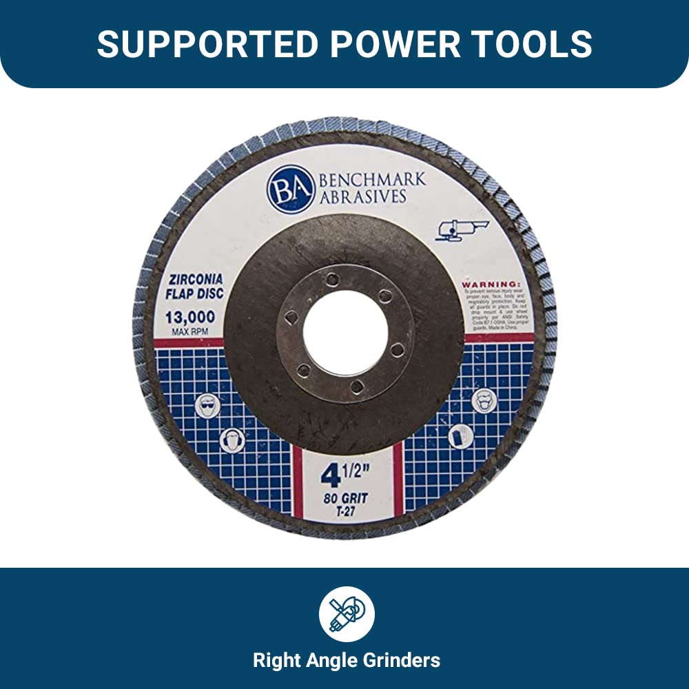 Benchmark Abrasives 4.5 pulgadas Premium Zirconia Tipo 27 discos de aleta muelas abrasivas para acero inoxidable 7/8 pulgadas cenador grano 60 – 10 unidades