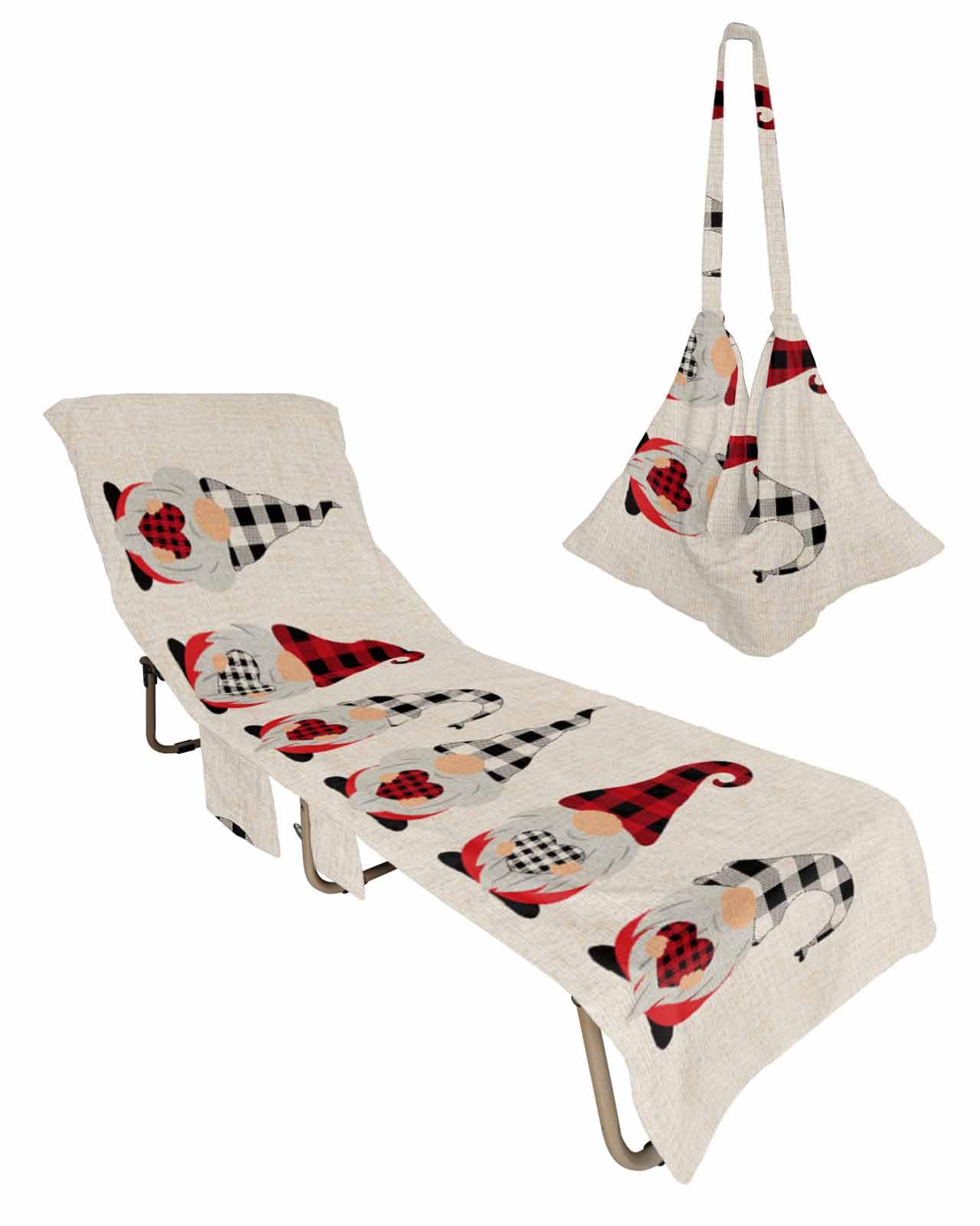 Valentine's Day Beach Chair Towel Covers for Chaise Lounge with Side Pocket, Soft Plush Pool Towels Cover for Patio Sunbathing Outdoor 29''x85'' Retro Simple Love Gnomes Plaid