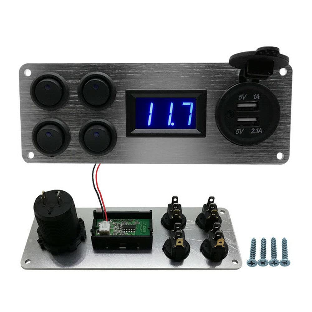 Pannello interruttore a LED con voltmetro, 12 V-24 V, con doppia porta USB, pannello di commutazione universale per auto, barca, camper, furgone, camion, camper, yacht