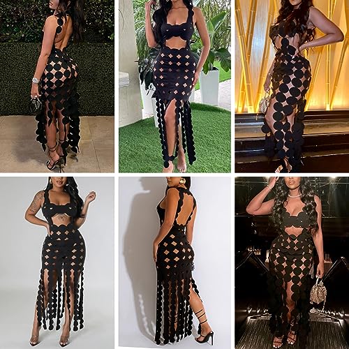 Image of Women's Sexy Sleeveless Hollow Out Maxi Dress Tassel See Through Backless Bodycon Party Club Long Dress