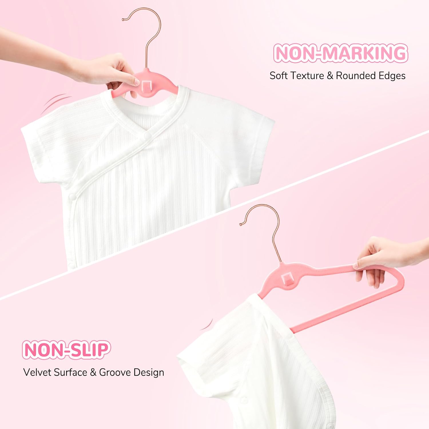 Baby Velvet Stackable Hangers 30 Pack, 11 Inches Pink Kids Clothes Hangers for Closet, Non Slip Toddler Infant Hanger for Nursery, Thin Space Saving Children Felt Hanger with 360° Swivel Hooks - Image 6