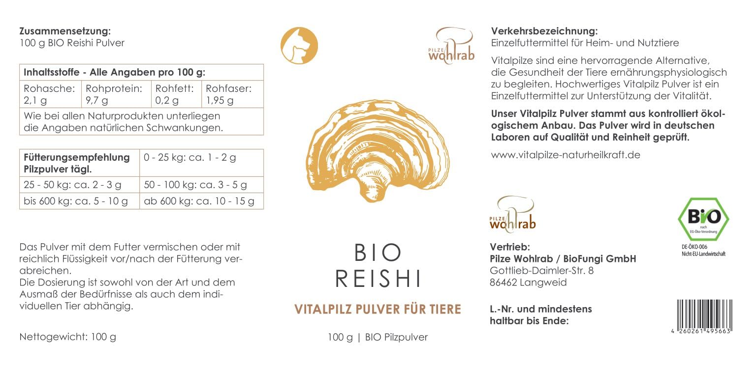 Pilze Wohlrab | Reishi Pulver Bio für Tiere | 100 g Dose mikrofein zermahlener Reishi Pilz | Vitalpilze Pulver | Dosierung für Tiere | 1 Dose | höchste Bio-Qualität
