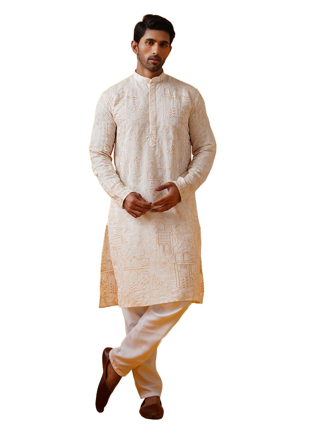 Sojanya (Since 1958 Men's Cotton Silk Kantha Thread Embroidered Cream Kurta With White Pyjama