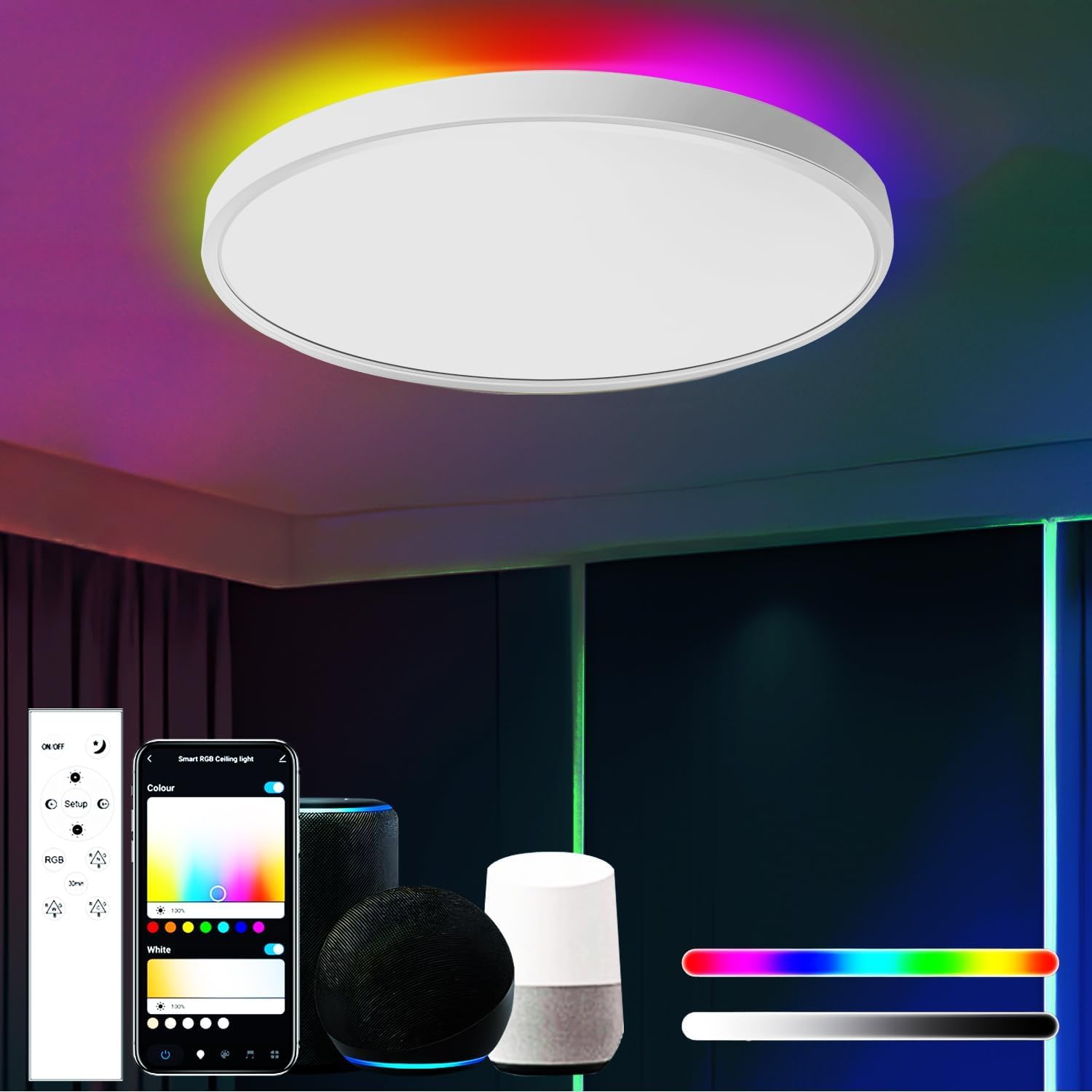 Plafoniera LED Soffitto Alexa RGB Lampada da Soffitto Smart APP Plafoniere Moderna Compatibile con Google Home, Dimmerabile con Telecomando per Soggiorno Camera da letto,Bianco, 30CM