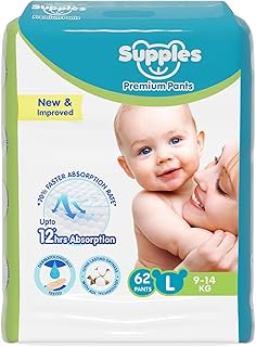Amazon Brand - Supples Premium Baby Diaper Pants | 62 Baby Diapers | Large | 9-14 Kg | 12 Hrs Absorption | Cushiony Cotton Soft Fabric | Phthalates-Free | Triple Leak Guard