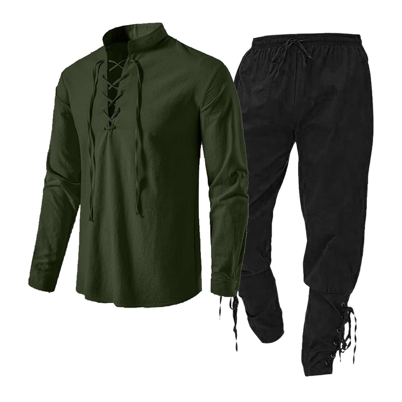 Medieval Men's Clothing Set, Linen Shirt and Pants with Ankle Straps Viking Costume Set Lace Up Tunic Top Outfit for Theme Parties Renaissance Fairs (JN, S)