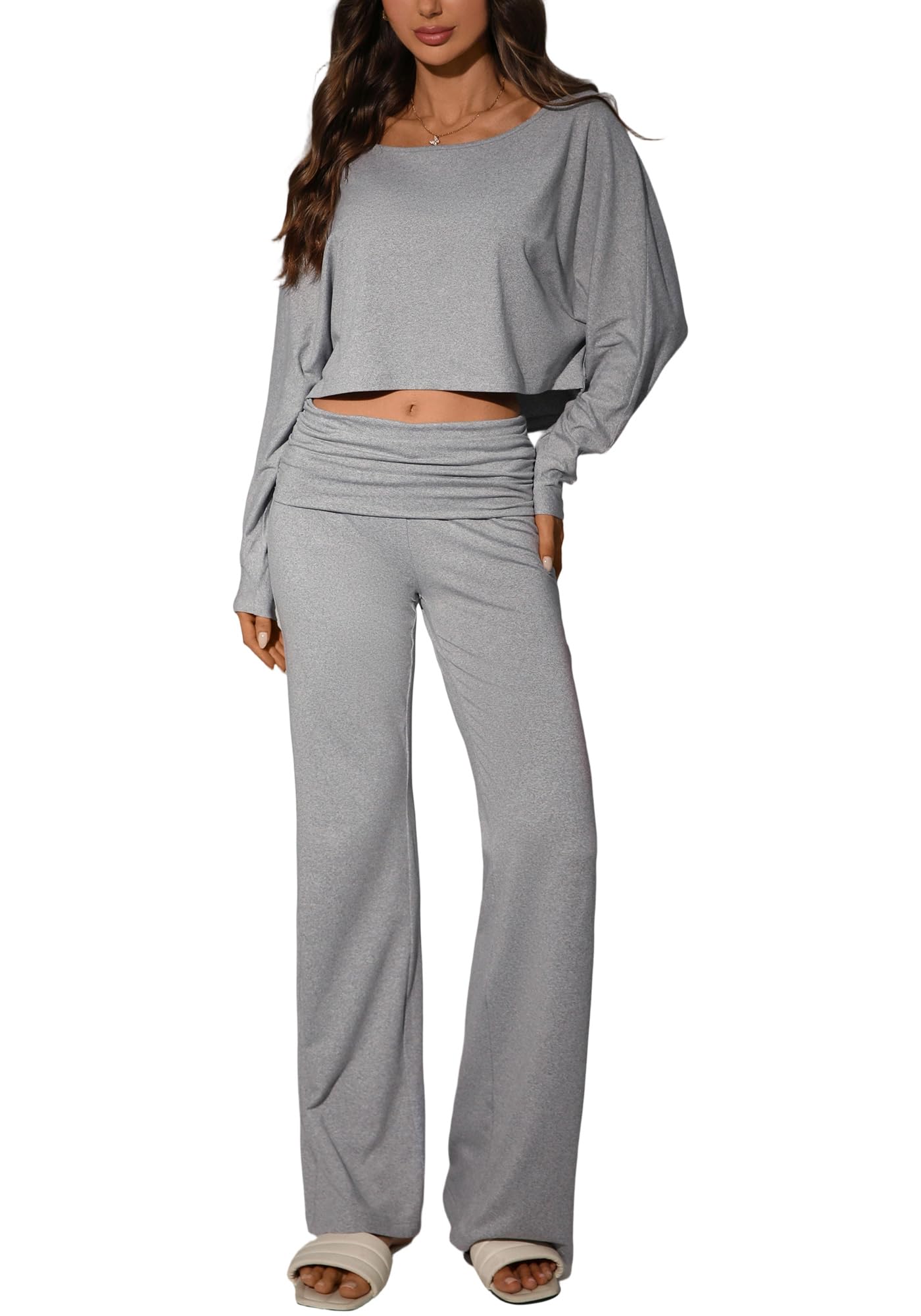 Women’s 2 Piece Lounge Set, Long Sleeve Off Shoulder Top & Wide Leg Pants – Soft, Stretchy Outfit for Home & Travel