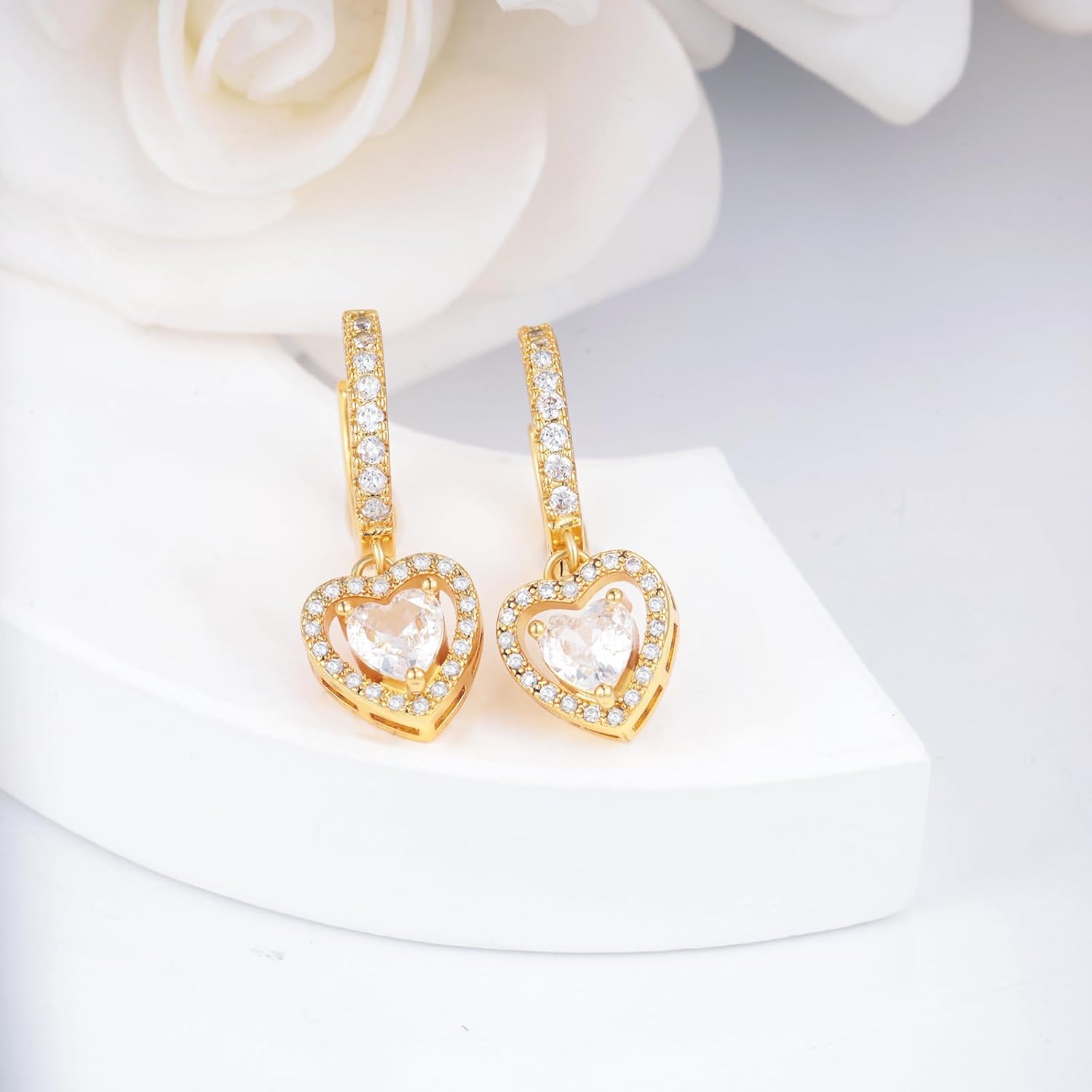 Sterling Silver Gold Heart Earrings for Women - Classic Love Heart-Shaped Hoop Earrings with Dangle Hypoallergenic Lightweight Cubic Zirconia Earring Fashion Gifts for Wife Mother - Image 5