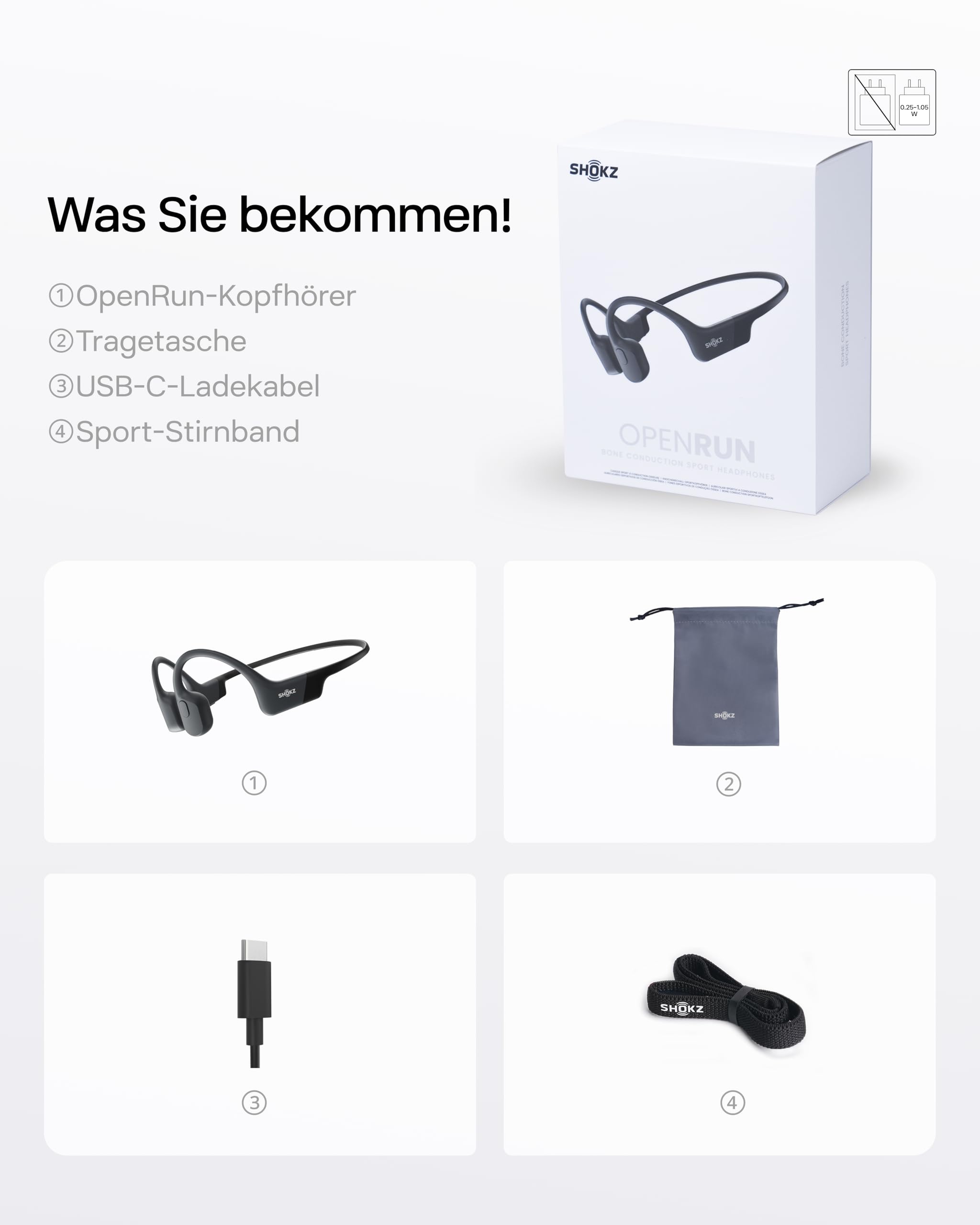 SHOKZ OpenRun Knochenschall Kopfhörer, Open-Ear Sport Bluetooth Kopfhörer mit Noise-Cancelling Mikrofon, IP67 wasserdichte kabellose Ohrhörer zum Laufen, 8 Std Spielzeit, USB-C, mit Sport-Stirnband