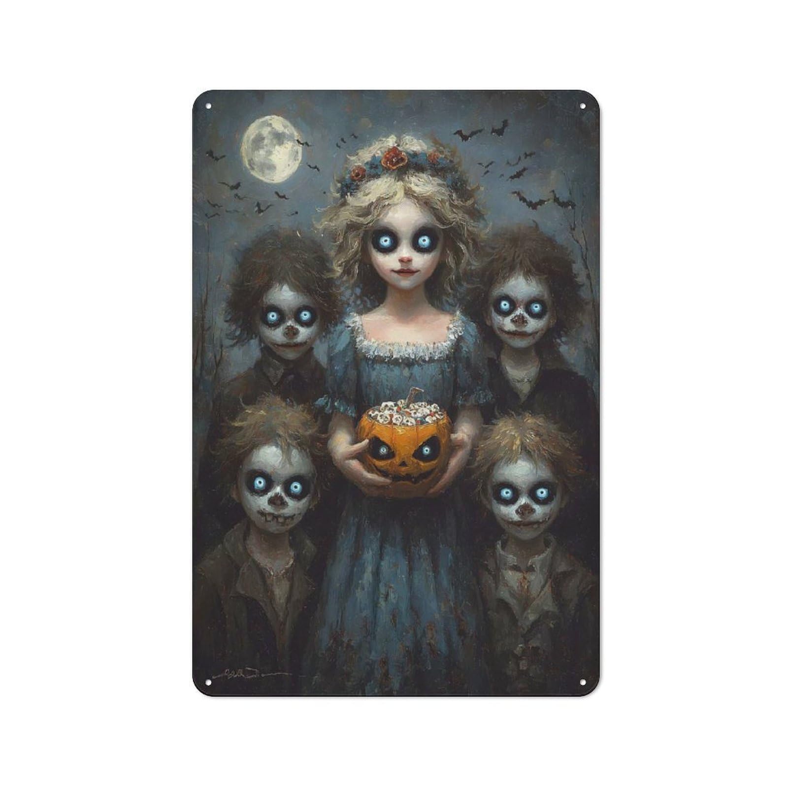 Junmoney Halloween Spooky Children With Pumpkin Tin Wall Plaque 30X20cm, Barn Style Rustic Kitchen Decor For Farmhouse Kitchen, Pantry Or Dining Area