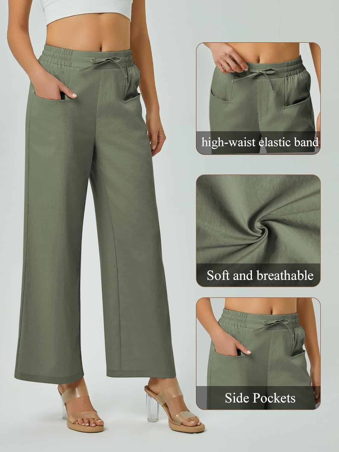 Women's Casual Linen Wide Leg Pants with Pockets Boho Palazzo High Waisted Drawstring Lounge Trousers - Image 4