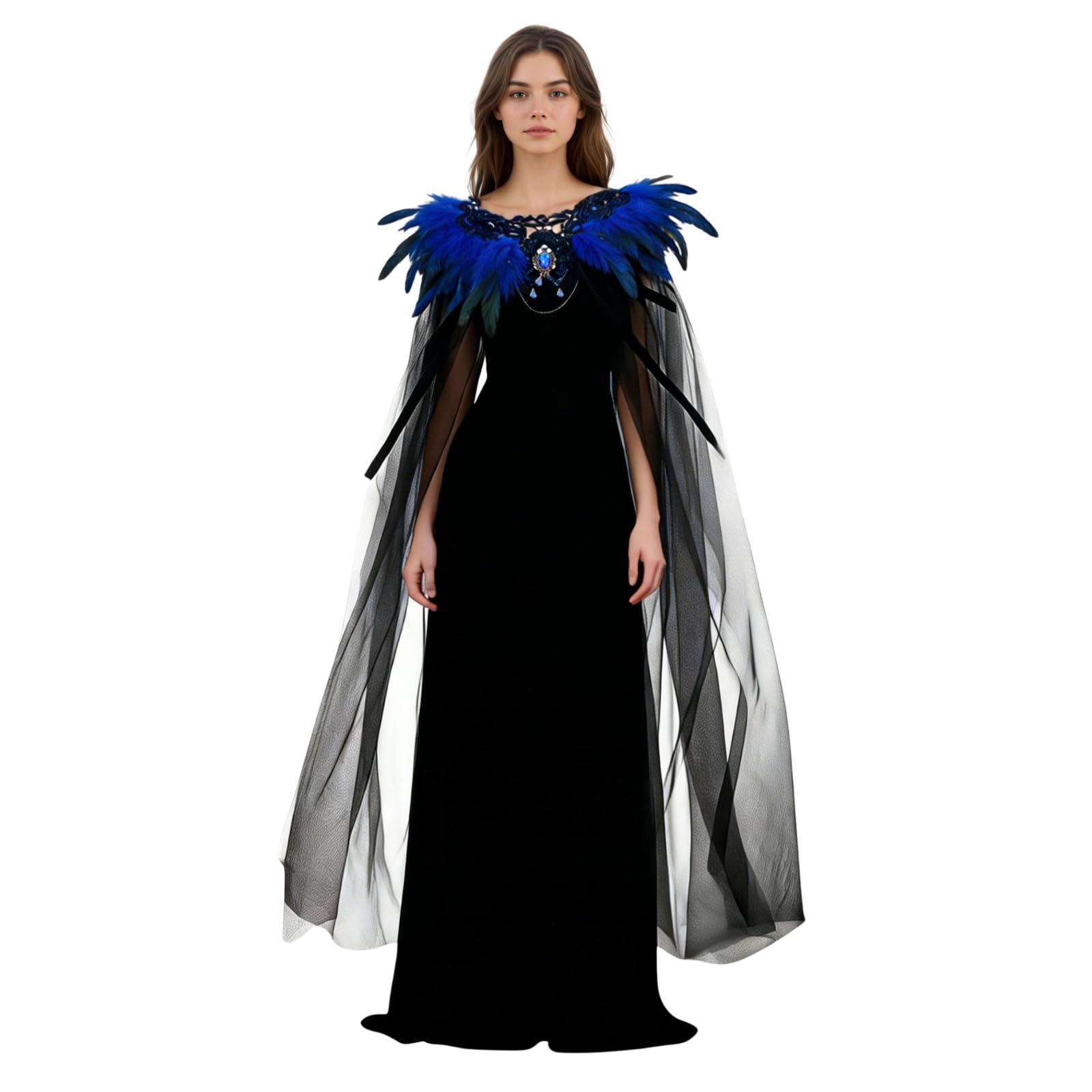 HAPNBCELE Women's Gothic Feather Cloak, Tulle Cape with Feather Collar for Halloween Party Masquerade Carnival Cosplay (Blue, 50.3")
