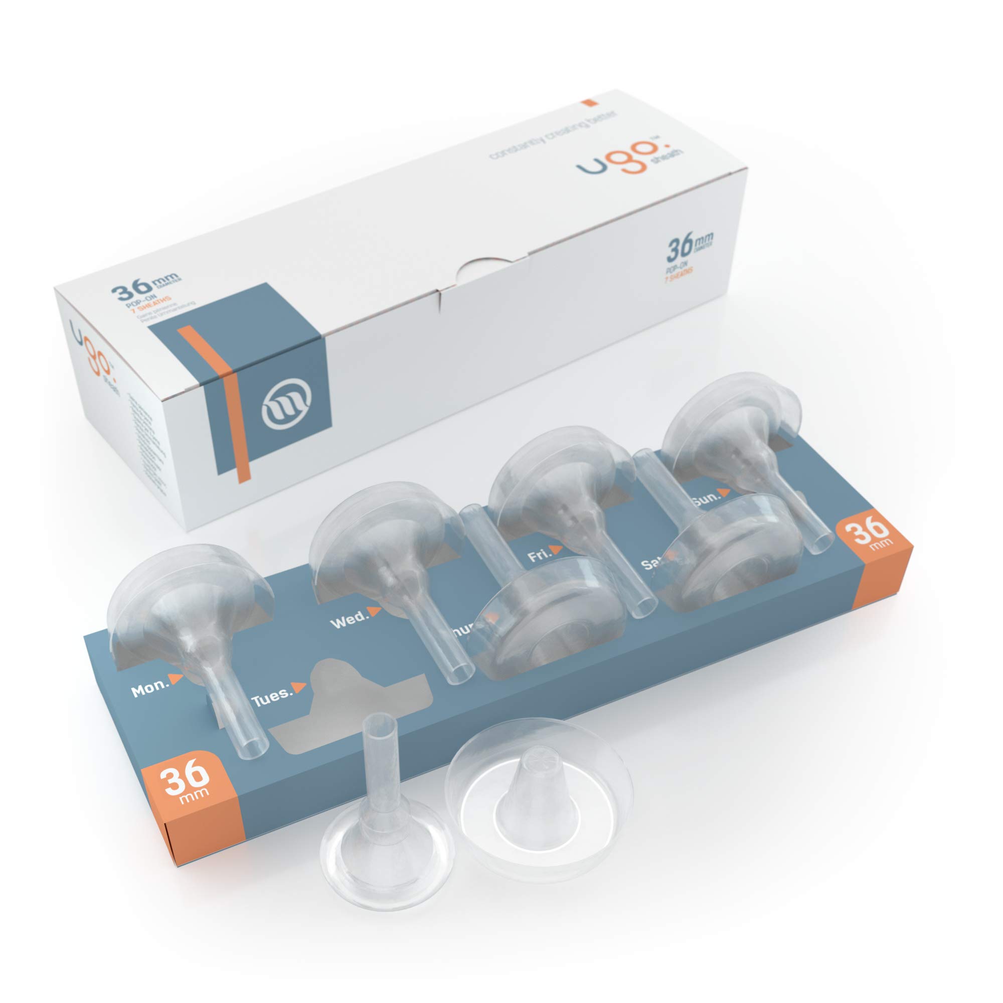 Vaina Ugo (x28) – Suministro de 1 Mes de Condones Externos para Catéteres Urinarios – Autoadhesivos y sin Látex (Longitud - Corto, Diámetro - 36mm)