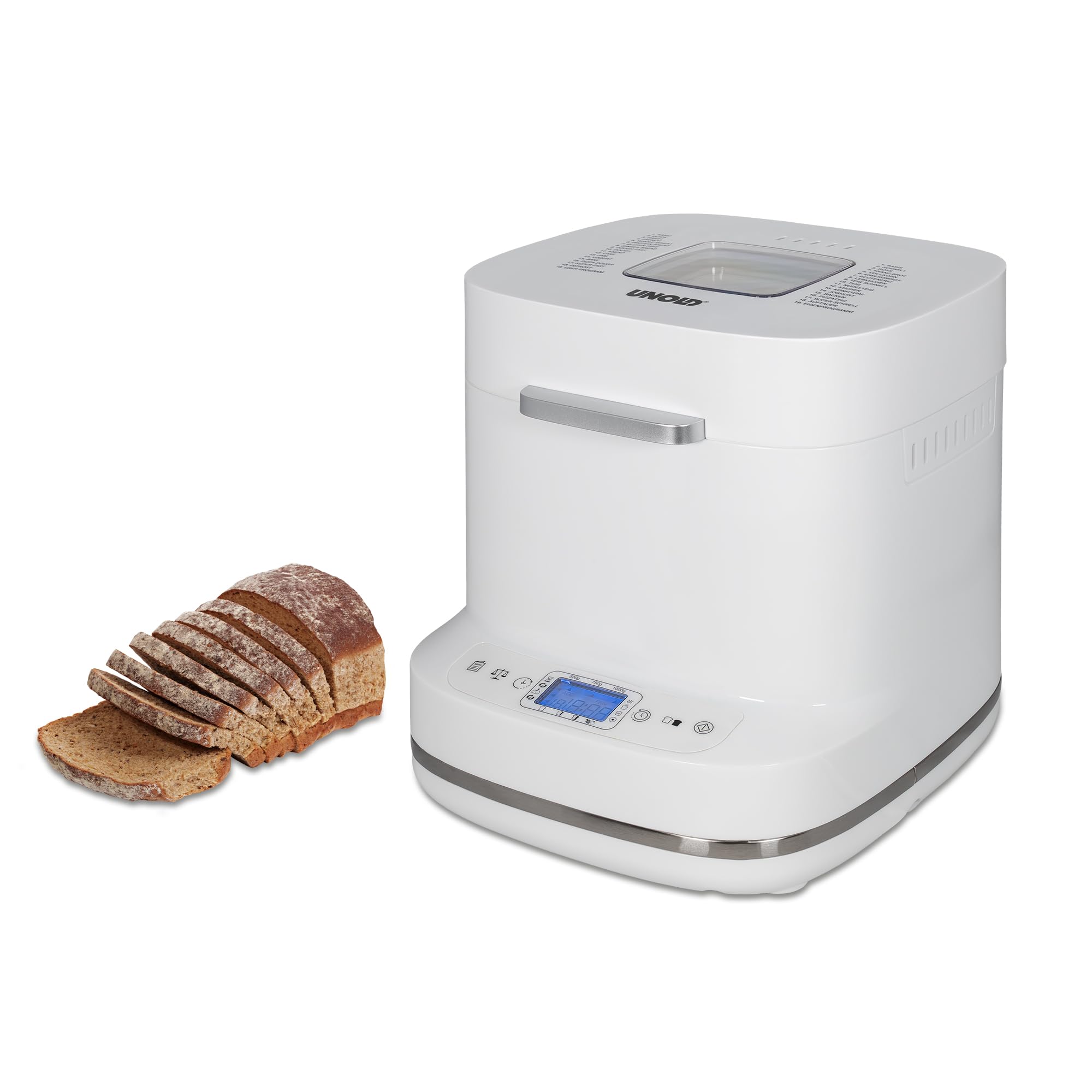 Unold Backmeister Bernd 68120, bis 1000 g Gewicht, 19 Programme, individuelles Programm, Zeitvorwahl, Antihaftbeschichtet, LCD-Display, entnehmbare Backform, 550 Watt, Weiß