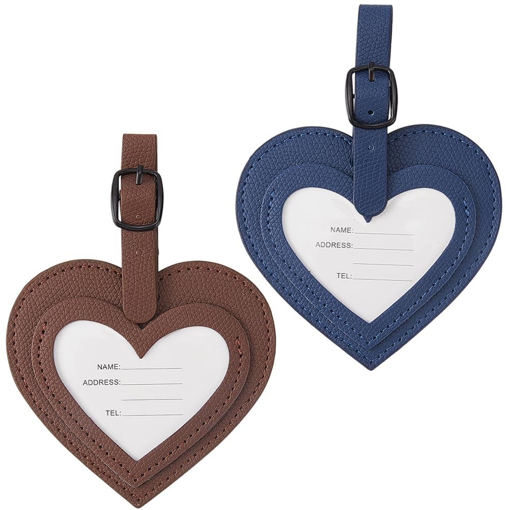 GORGECRAFT 2 Colors PU Leather Luggage Tags Heart Shaped Leather Travel ID Labels Blue Brown Suitcase Travel Bag Name Tags with Adjustable Buckle