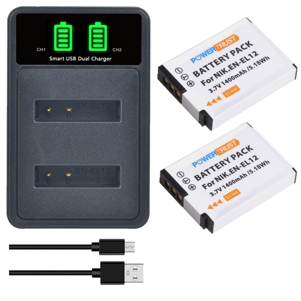 PowerTrust2-Pack EN-EL12 Battery and LED Dual Charger for Nikon Coolpix a1000, a900, W300, S9600, S31, S800c, S6100,S6200,S6300, B600, S8000, S8200, S100