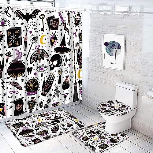 4 Piece Spooky Halloween Shower Curtain Sets Horror Black Alchemy Magic World Witch Witchcraft Moon Star Gothic Happy Halloween Bathroom Curtain with Bath Rug,U-Shape Rug,Toilet Lid Cover