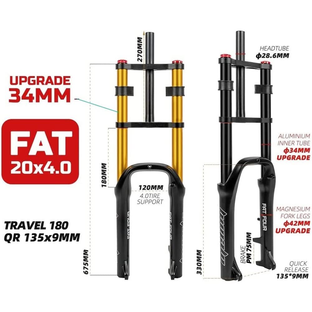 Fourche Air Vélo De Neige 20″ – Alliage Alu/Magnésium, Débattement 120mm, Axe 135mm – Pour Pneu 4,0, VTT Plage/Neige