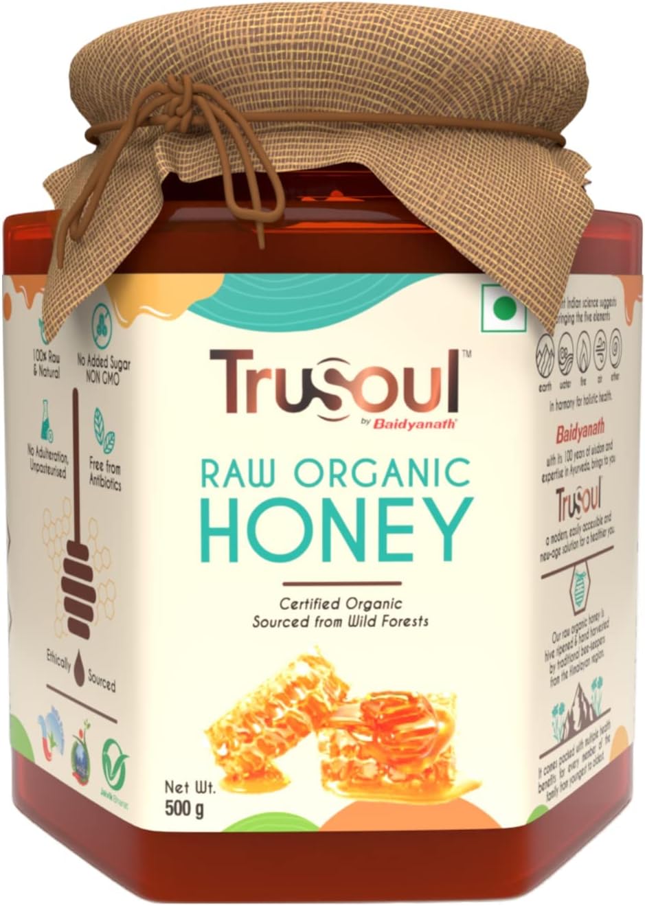 TruSoul By Baidyanath Raw Organic Honey - 500gm | NPOP Organic Certified, Sourced from Himalayas | 100% Raw & Natural | No Added Sugar | Unprocessed, Unpasteurized -(Pack of 1)