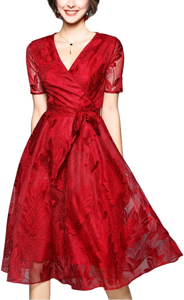 Dress Women's Lace Clothing Loose V Collar Splice Short Sleeve Long Section Dresses