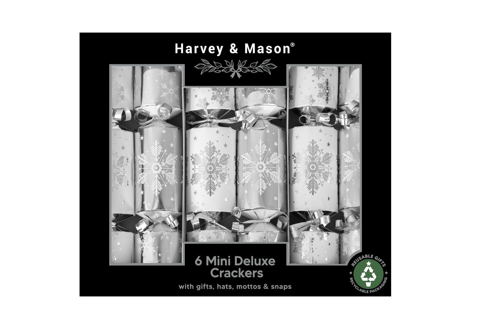 Rsw Silver Harvey & Mason 6 Mini 8.5" Crackers – Elegant Christmas Table Crackers With Snowflake Design, Hotstamp & Curling Ribbon – Includes Hats, Mottos & Mini Gifts
