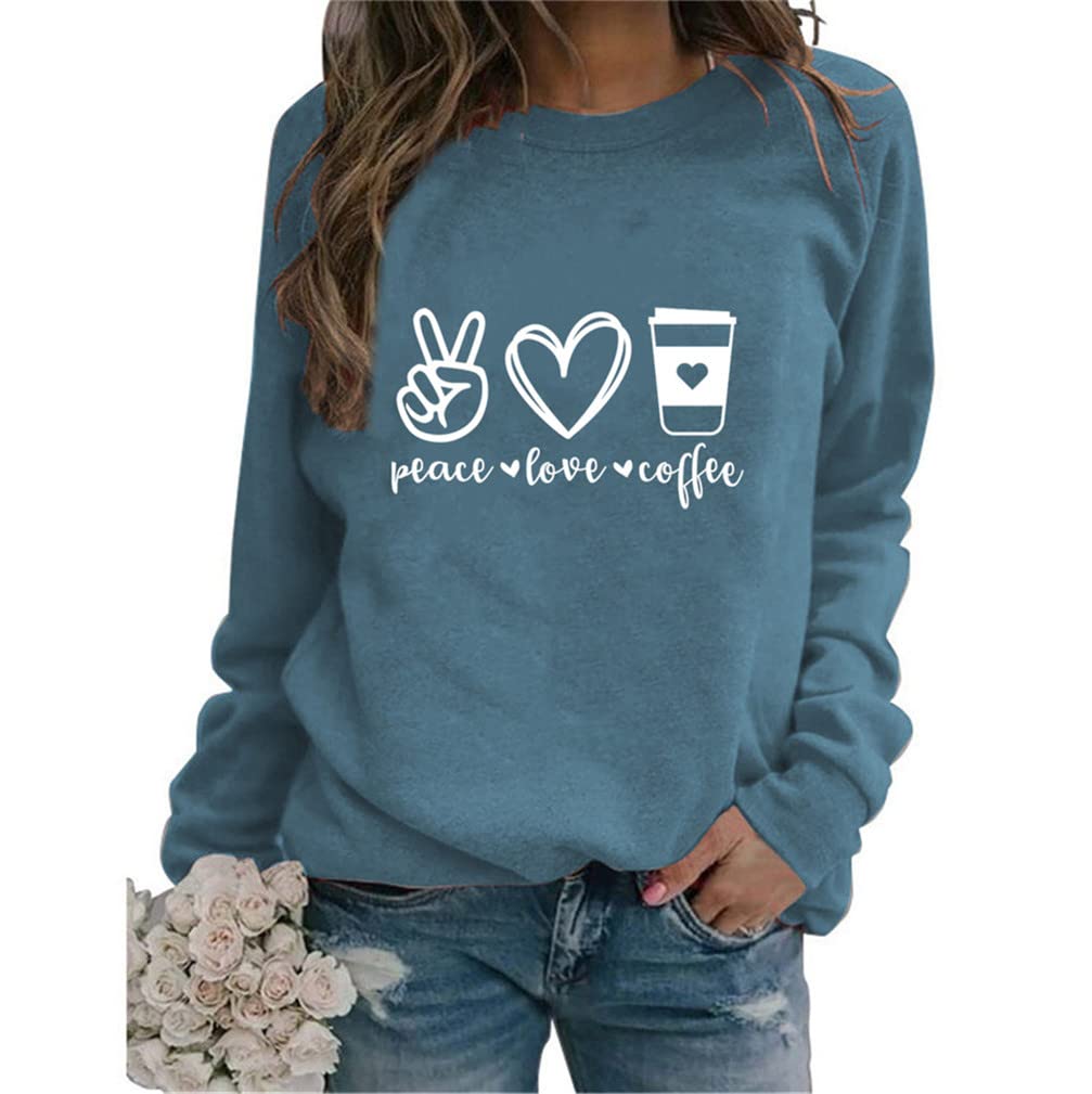 Feyatop Peace Love Coffee Sweatshirt for Women Long Sleeve Crew Neck Pullover Tops Funny Letter Printed Coffee Lover Gifts