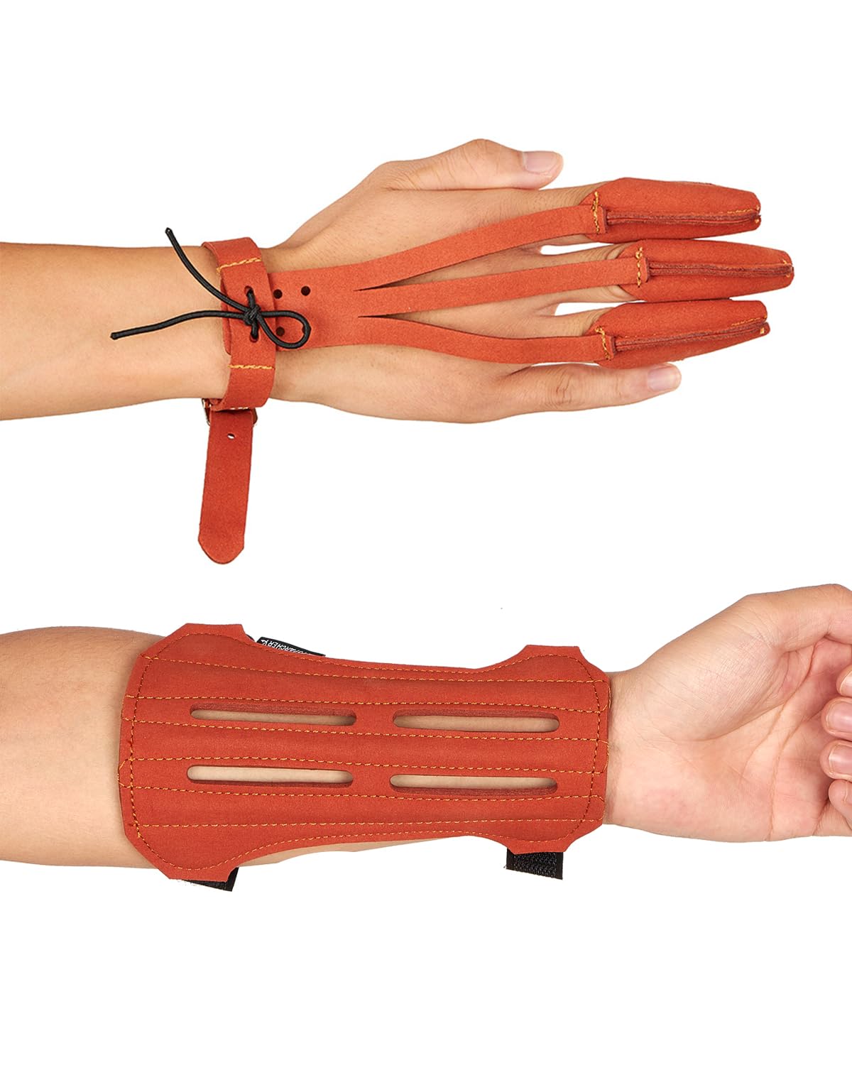 Leather 2 Straps Arm Guard & 3 Finger Protective Gloves for Recurve Compound Long Bow Hunting Shooting Brown