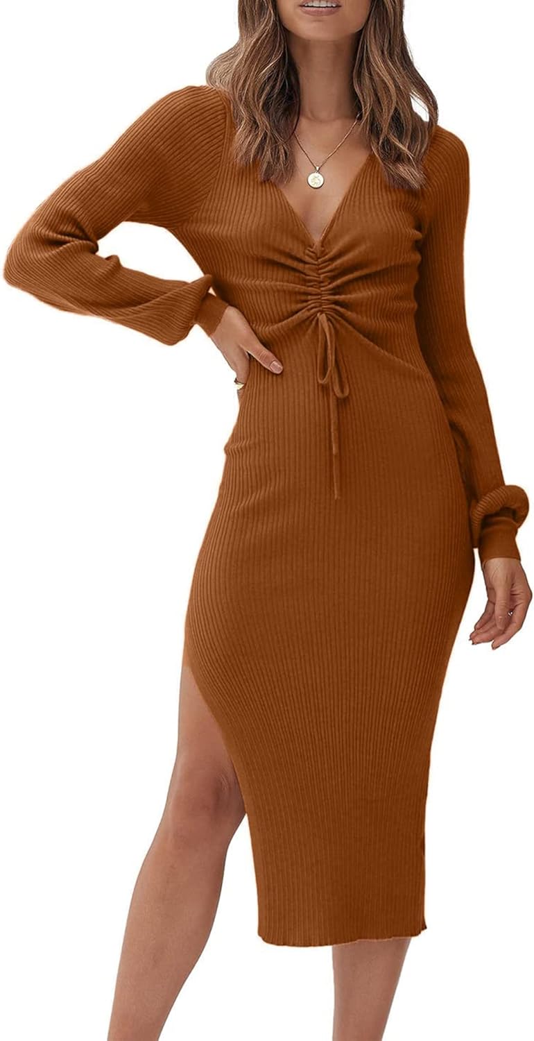 PRETTYGARDEN Women’s Midi Sweater Dress Long Lantern Sleeve Ruched V Neck Drawstring Side Slit Knit Bodycon Dresses PRETTYGARDEN Women’s Midi Sweater Dress Long Lantern Sleeve Ruched V Neck Drawstring Side Slit Knit Bodycon Dresses