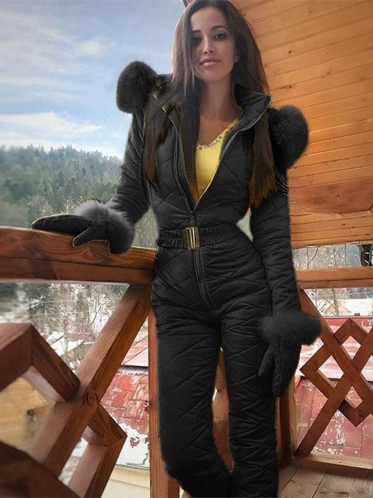 Minetom Damen Einteiliger Skioverall Winter Warme Schnee Skifahren Sätze Outdoor Jumpsuit Langer Overall mit Kapuze Reißverschluss Skianzüge wasserdicht Schneeanzug