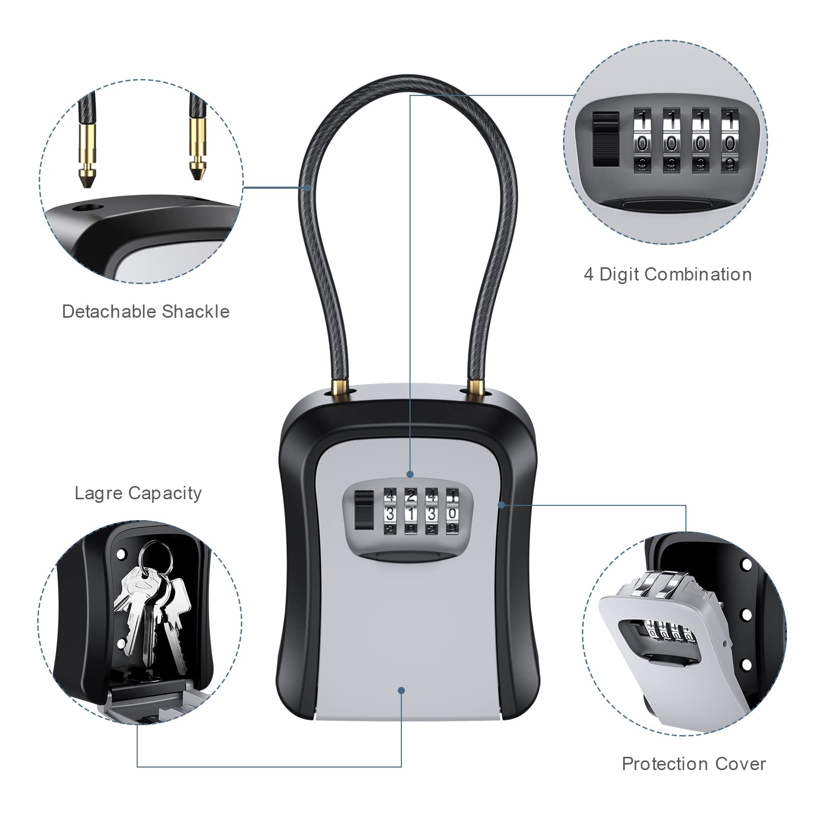 Caja de Llaves para Llaves, Caja de Almacenamiento con 4 dígitos Combinados, Caja Fuerte para Llaves, Colgar y Montar en la Pared, Key Lock Box, aleación Inoxidable, para Oficina, hogar