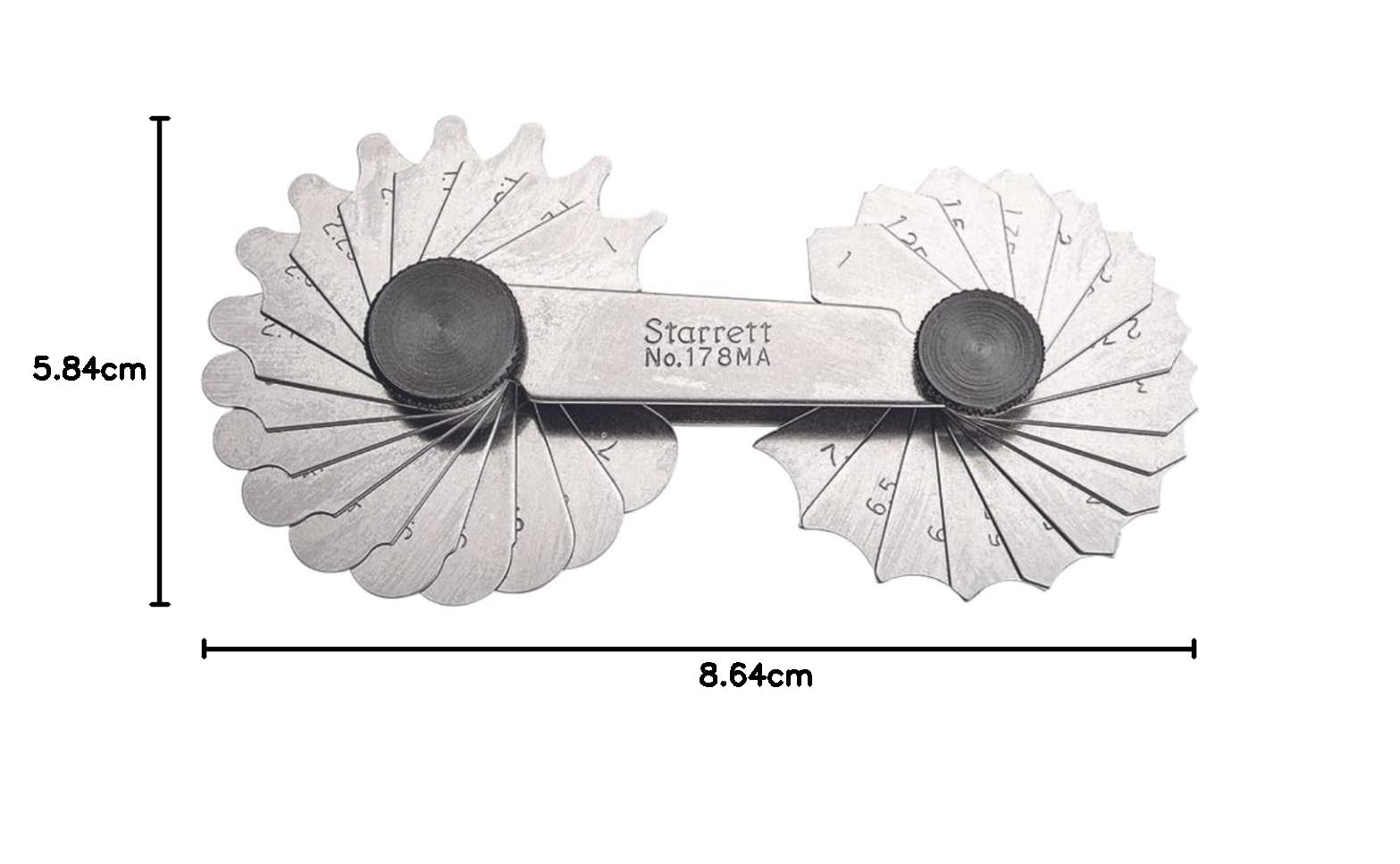 Starrett 178 MA, średnica filetu lub promienia z blokadą, podziałka 1–7 mm, 0,25 mm i 0,5 mm, 34 arkusze
