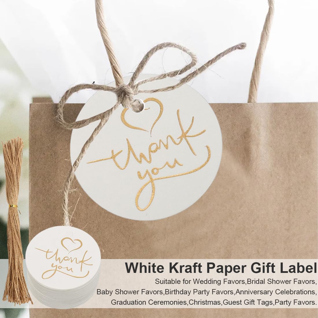 100 Etichette Bomboniere 'Grazie' - Carta Kraft 4.5cm, Con Cordino Di Iuta, Per Matrimoni E Battesimi - Foto 8