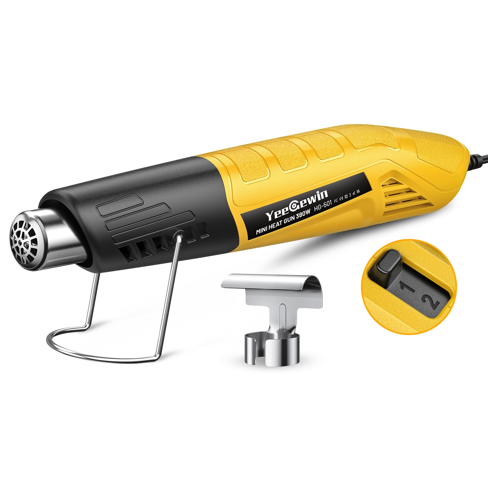 Yeegewin Heat Gun Dual Temp, 380W Fast Heat Mini Hot Air Gun 249°C-455°C with 2-Temp Settings Overload Protection Reflector Nozzle, 1.5m Long Cable for Shrink Wrap,Vinyl, Crafts, Epoxy Resin (Y)