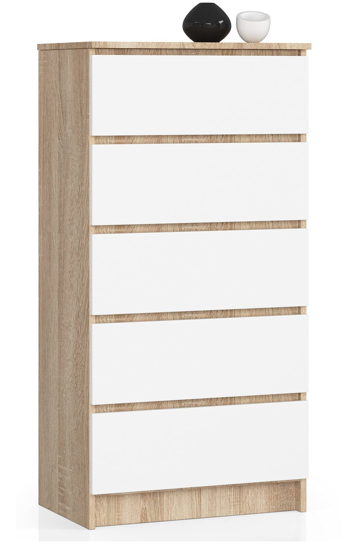 AKORD Commode K60 avec 5 tiroirs | Commode Classique pour La Chambre, Salon | Meuble de Rangement | L60 x H121 x P40 cm | Poids 39 kg | Chêne Sonoma/​Blanc