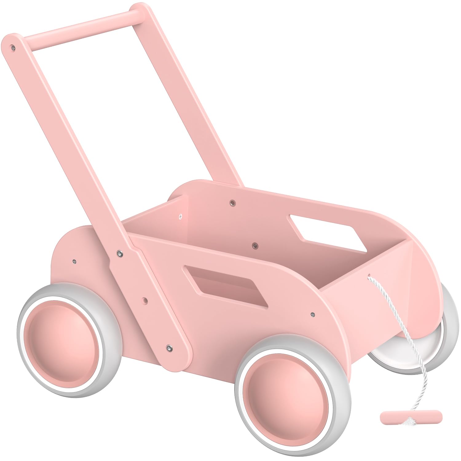 Andador de madera, andador para niños y niñas, juguete para aprender a empujar y tirar, cochecito de madera con ruedas, regalo de cumpleaños y Navidad, color rosa