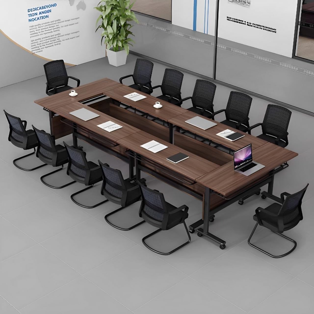 Folding Conference Room Tables,Large Rectangle Conference Table for 2-8 People,Modern Office Conference Meeting Room Table,Flip Top Mobile Training Seminar Table,Walnut Office Tables (6pcs, 62.9in)